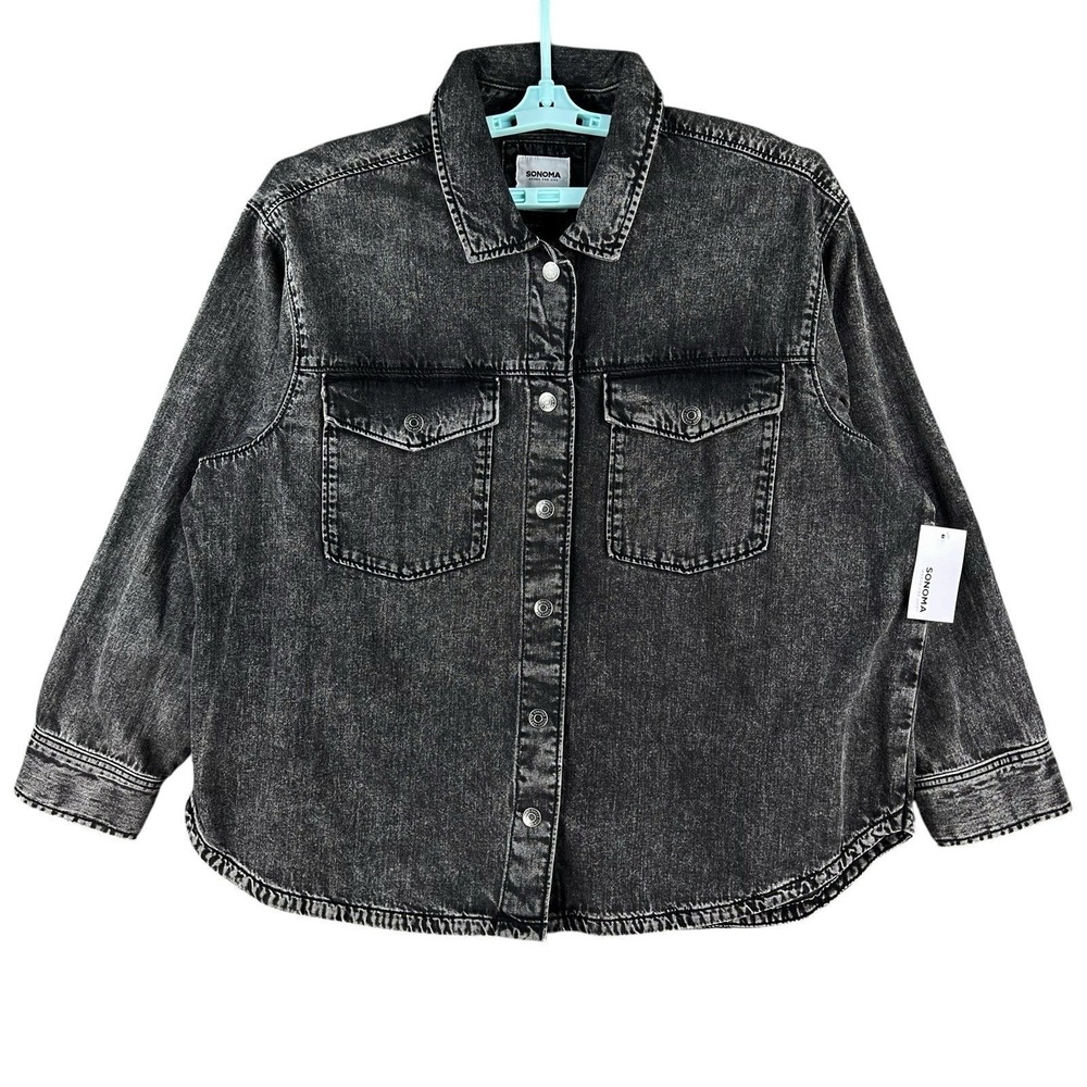 Sonoma Women's Wash Black Shirt Jacket Size XXL Snap Button Down Flap Pocket NWT